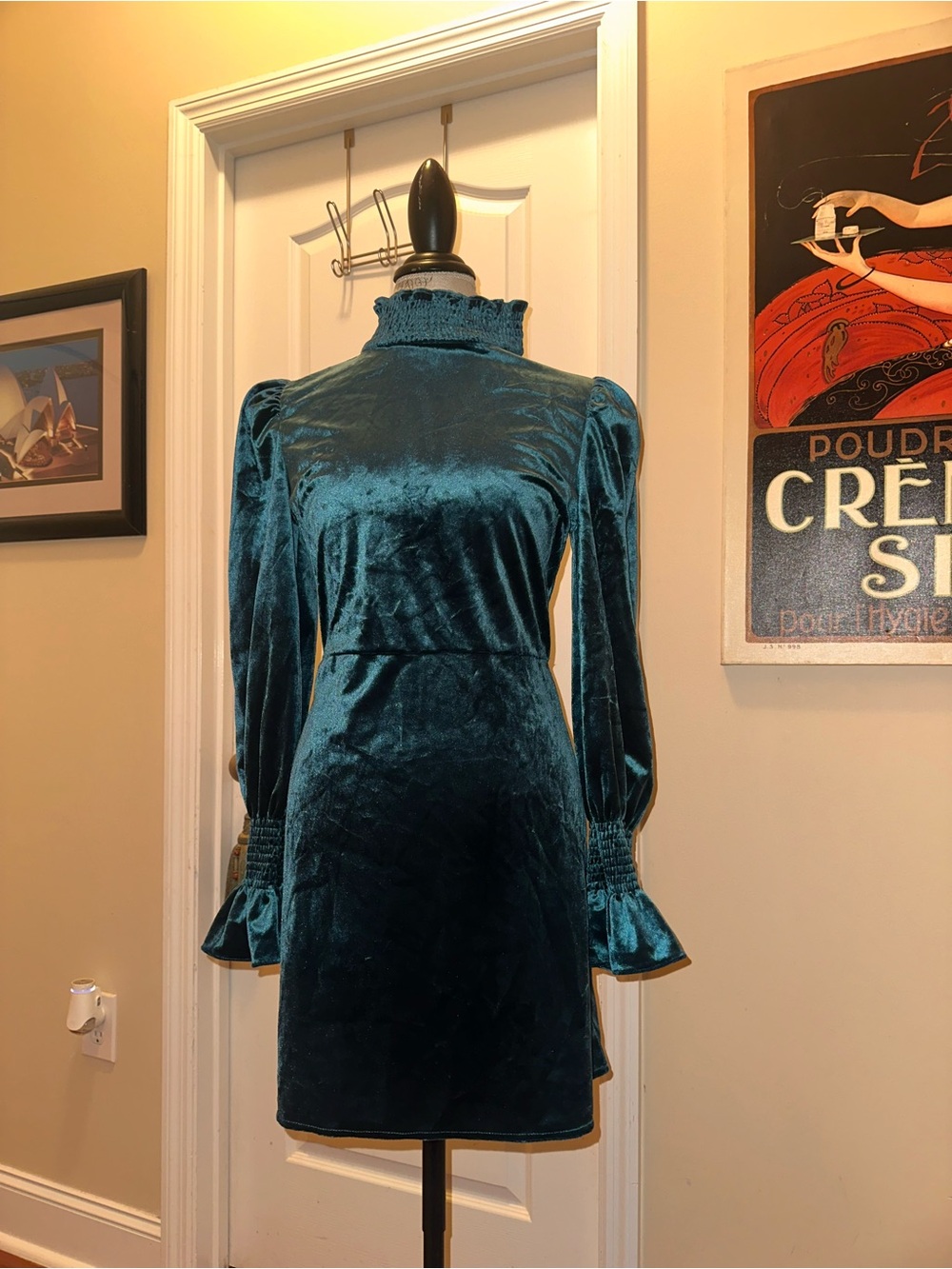 Velvet High-Neck Teal Long-Sleeve Dress
